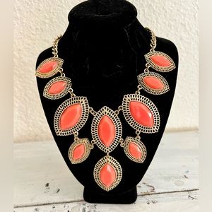 Orange Bib Statement Necklace Gold Tone Facet Cut Bib Shimmer 16-20"